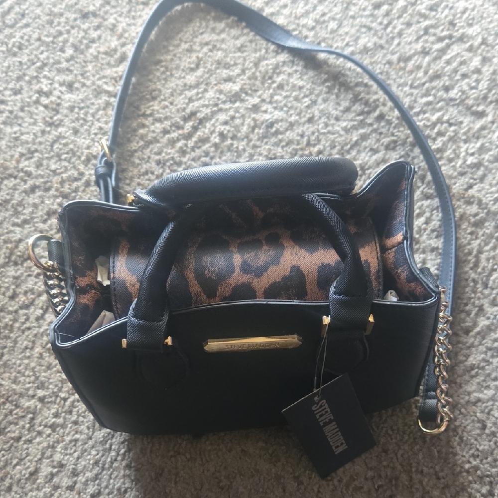 Steve Madden Black Satchel with Leopard Print Interior